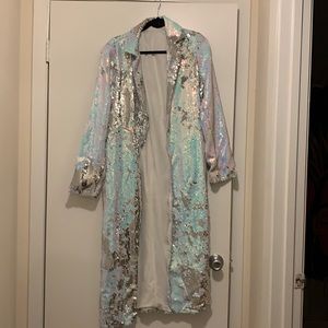 Sparkly open concept floor length duster.